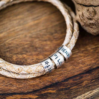 Lederarmband in Weiß Beige mit Gravur auf 925 Echtsilber
