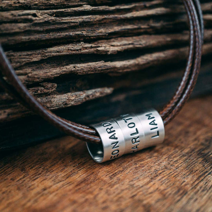 Vegan necklace for men brown with engraving on real silver